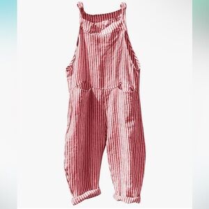 Red and White Casual Striped Overall Jumpsuits Relaxed Fit Baggy